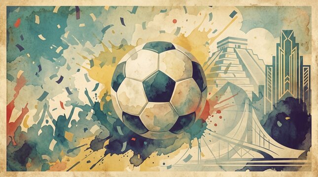Retro watercolor background with soccer motifs and global celebration concept.