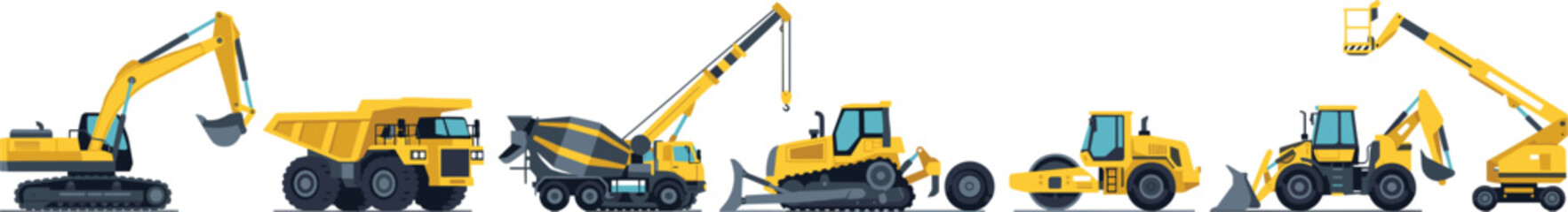 Heavy construction machinery and yellow vehicle set with excavator dump truck concrete mixer crane and bulldozer vector illustration isolated on white background © Ms