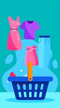 Blue shopping basket with floating clothes and shoes.