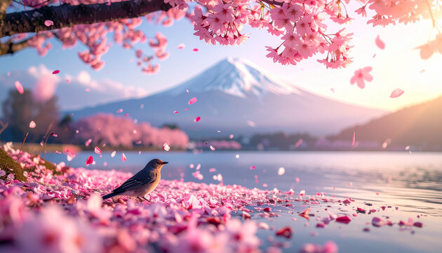 Bird Among Cherry Blossom Petals with Mount Fuji Background