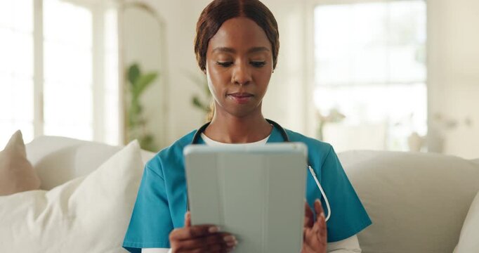 Black woman, nurse and tablet in home for healthcare, patient report or scroll telehealth app. Person, record medical info or online for caregiver schedule, agenda or medicine log with tech on sofa