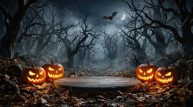 Halloween podium display spooky jack o' lanterns and dark forest scene for product showcase