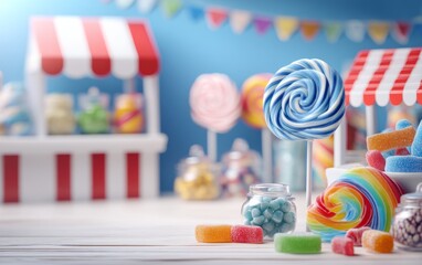 Fototapeta premium Colorful Confectionery Arrangement with Lollipops and Candies on Table