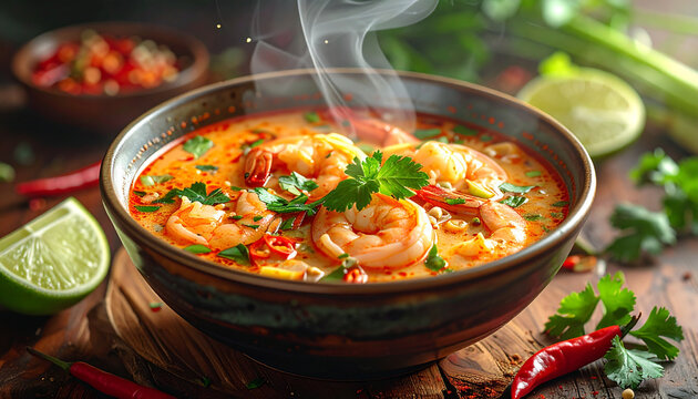 Spicy Thai Tom Yum Goong Soup with Shrimp and Lemongrass
