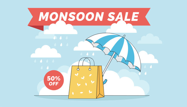 Seasonal monsoon sale advertising banner featuring a yellow shopping bag next to a striped blue and white umbrella.