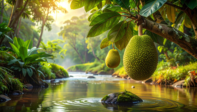 Fresh Jackfruit Hanging Over a Scenic Tropical Jungle River