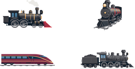 Vintage steam locomotive trains and modern high speed bullet train set isolated on white background railway transport vector illustration collection © Ms