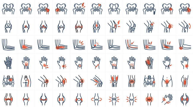 Vector icon set collection demonstrating joint pain points arthritis inflammation skeletal damage and orthopedic injuries in human body