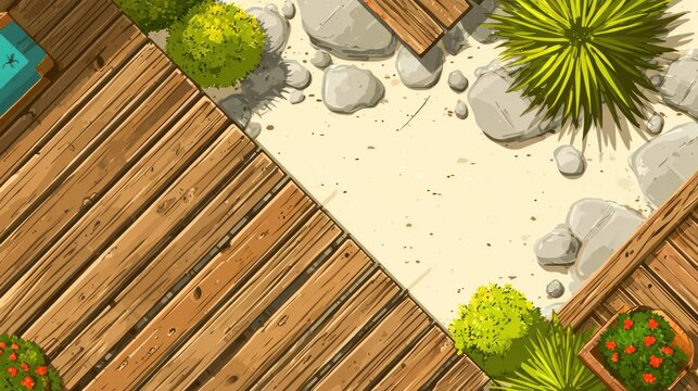 Overhead view shows a transition from weathered wooden decking to a sandy area bordered by rocks and greenery.