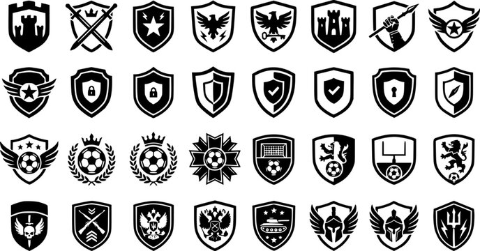 Set of shields. Shield icon vector, badge shape. Security, football patches, Vector military black silhouettes

