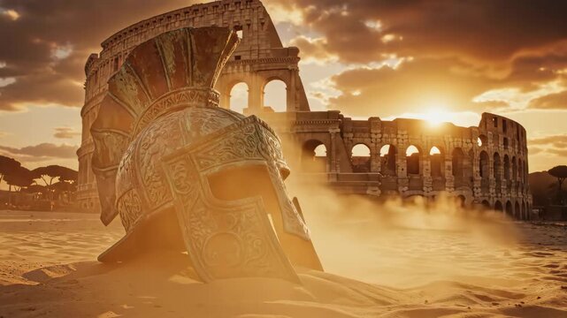 An ancient military helmet rests in the sand before ancient ruins at sunset, evoking themes of epic battles and historical victory.