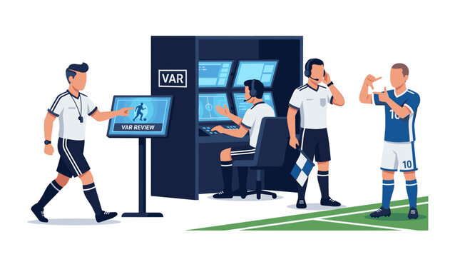 Football referees and player interacting during a assistant referee review with technology football decision official assistant analysis judgment officiating professional