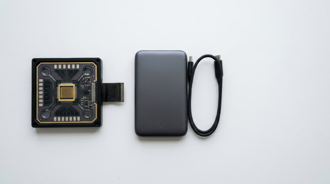Medical research device circuit board and portable hard drive with cable on white background