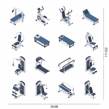 Collection of isometric gym and fitness equipment icons.