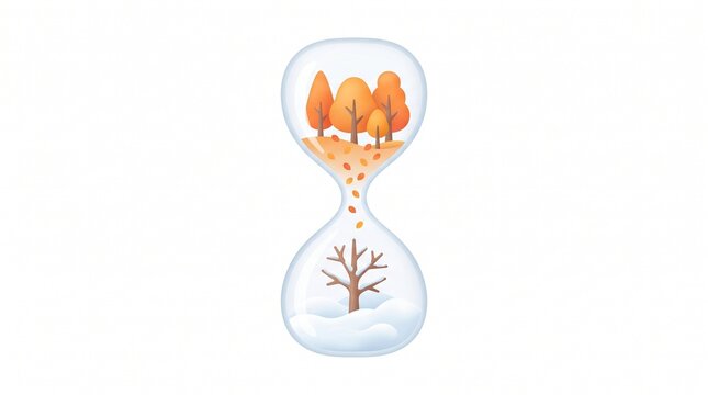 Hourglass showing the seasonal transition from autumn fall leaves to winter snowy climate