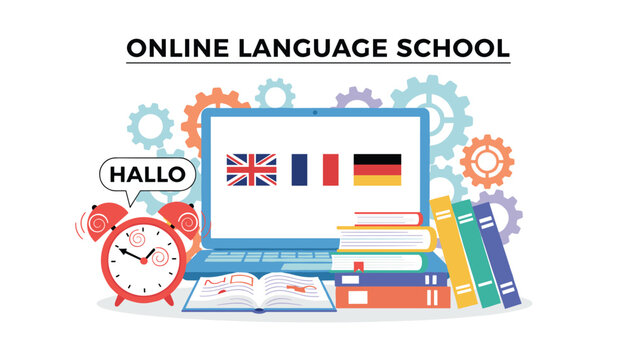Online language school banner design featuring a laptop with european flags, an alarm clock, and book stacks.