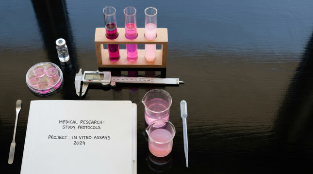Medical research laboratory setup with pink assays and instruments showing vitro study protocol