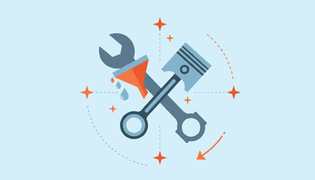 Engine tuning and maintenance graphic showing a crossed wrench and engine piston alongside a small oil funnel.
