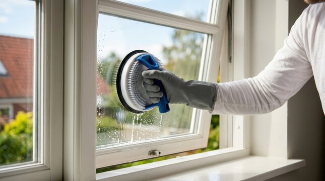 Person cleaning a window with a scrub brush