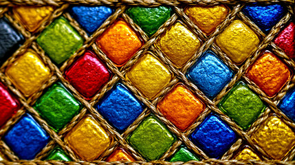Naklejka premium Abstract background of colorful quilted leather texture with intricate stitching detail colorful stitching