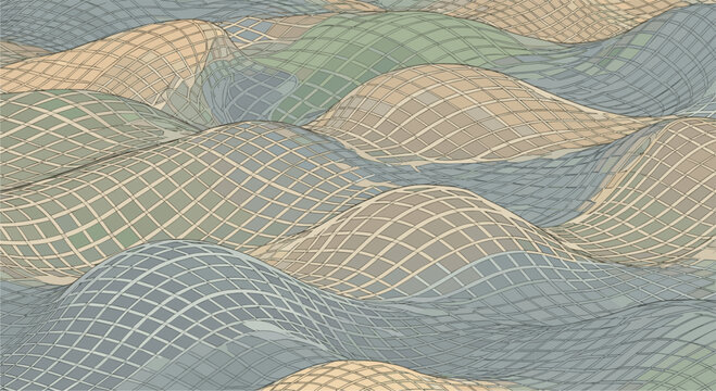 Three dimensional wavy surface with a fine grid pattern in earth tones resembling a topographic map or rolling digital landscape.
