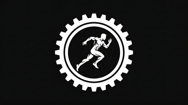White silhouette of muscular man running inside a gear on black background image