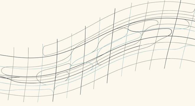 Flowing grid pattern featuring curved rectangular elements and fine lines in black and blue on a soft cream colored background.