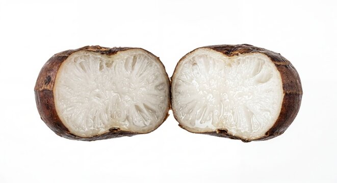 Cut water chestnut showing white crispy internal texture. Tropical edible corm harvested from aquatic plant. Healthy organic vegetable ingredient for cooking raw food vegetarian diet.