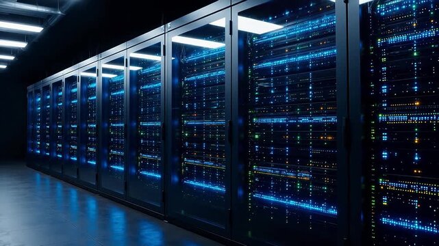 Rows of server racks in a data center
