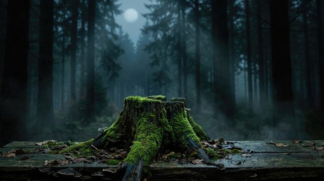 Halloween podium in dark forest spooky stump stage for seasonal displays and mysterious presentations