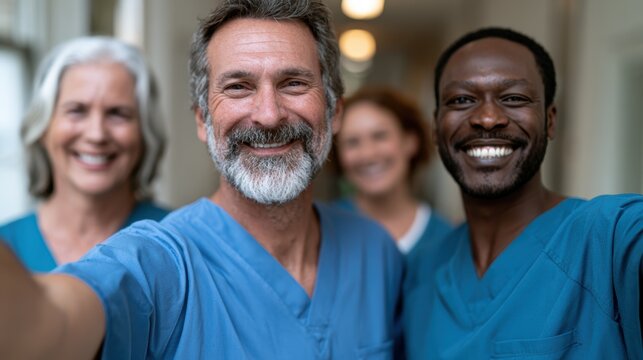 healthcare workers unity, hospital workers gather in corridor after long shift, illuminated by cinematic lighting, exhibiting resilience in authentic uniforms
