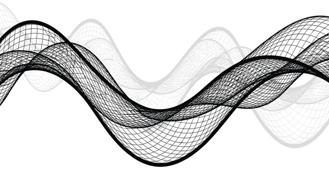Wavy overlapping wireframe mesh ribbons in black and grey tones on a white background creating a sense of depth and motion.