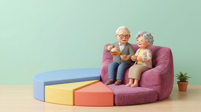 Ilustraci&oacute;n 3D de una pareja de ancianos felices bebiendo t&eacute; en un sof&aacute; junto a un gr&aacute;fico de pastel. Concepto de pensi&oacute;n, ahorro y planificaci&oacute;n de la jubilaci&oacute;n