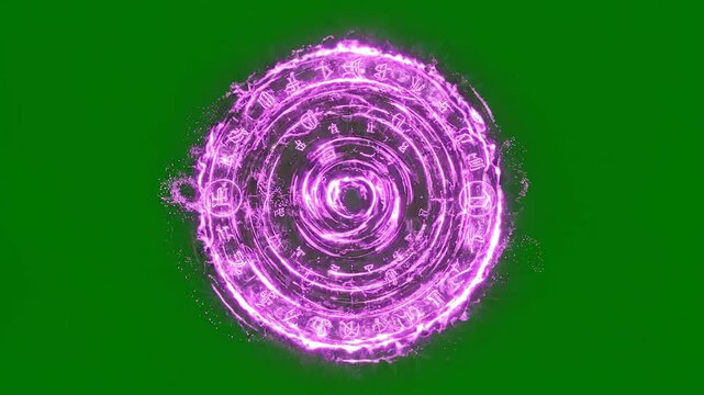 Pink magic spell circle with swirling mystical energy on green screen for fantasy game special effect and arcane power concept