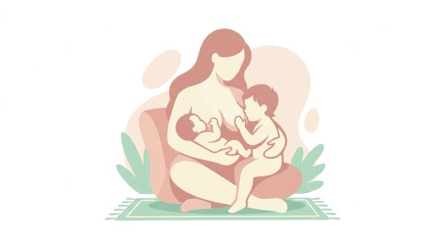 A mother supports her two children while breastfeeding in a nurturing setting at home with a calm atmosphere and soft colors.
