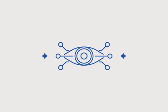 Digital eye lens camera aperture combination with external circuit nodes line icon for machine vision technology monitoring, security tracking system. Advanced vector illustration