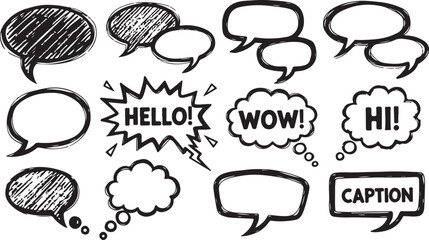 Collection features various black hand-drawn speech bubbles, thought clouds, and comic-style dialogue containers on white. © Mend
