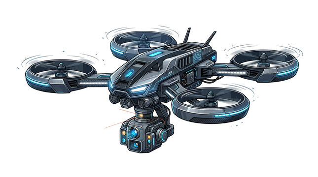 Futuristic tactical surveillance drone with high tech camera