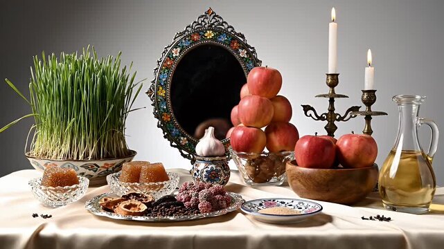Table With Persian New Year Haft-Seen Elements Including Sabzeh Apples Mirror Candles And Fruit In Soft Lighting