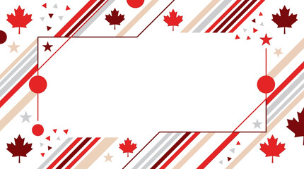 Fototapeta premium Modern geometric Canada Day frame border with stylized maple leaves, red circles, stripes, stars and clean accents
