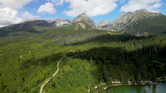 Drone Footage of &Scaron;trbsk&eacute; Pleso Lake, Forests and Mountain Resort in the High Tatras