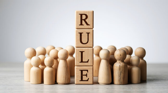 Wooden peg figures surround blocks spelling the word R U L E on a light surface letter