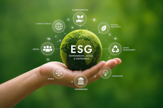 Moss sphere in hand esg concept environmental social governance green business sustainability renewable ecology ethics governance climate stability