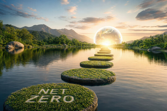 Net zero stepping stone path over calm lake toward glowing globe at sunrise, green landscape, sustainable future concept