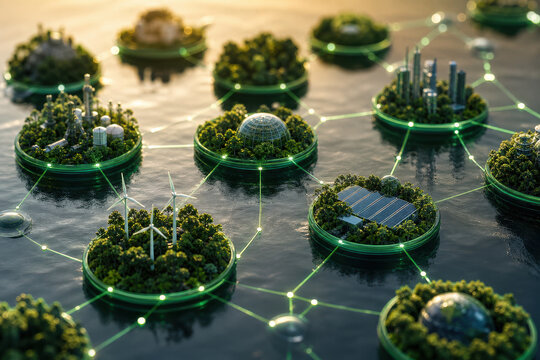 Sustainable energy network green island renewable power eco city solar panel wind turbine smart grid clean technology futuristic landscape digital map