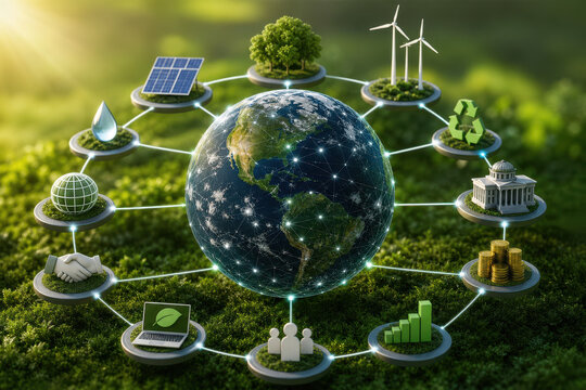 Sustainable energy global network earth environment renewable power green technology ecology conservation circular economy climate action solar panel wind turbine recycling forest water drop globe