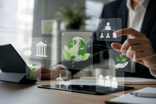 Sustainable business environmental icon green technology corporate strategy digital interface earth globe recycle symbol renewable energy teamwork icon business person corporate office ecology