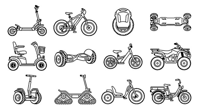 Collection of electric personal transport vehicle icons in black and white line art style.