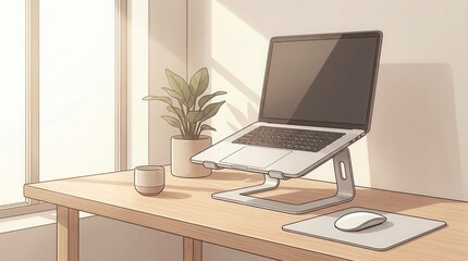 Fototapeta premium Open laptop on wooden desk with potted plant and natural light in minimalist workspace