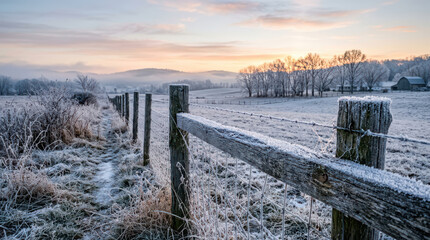 Fototapeta premium A rustic wooden fence stretches across a frosty field at sunrise with trees and hills in the background and a serene landscape